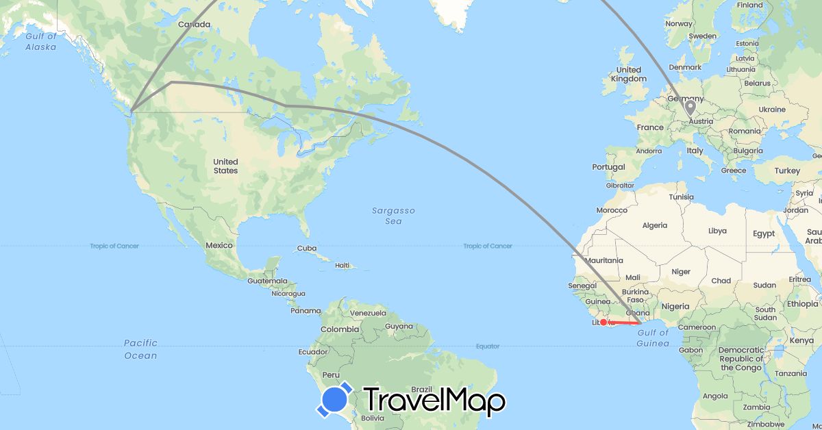 TravelMap itinerary: driving, plane, hiking in Canada, Germany, Ghana, Liberia (Africa, Europe, North America)